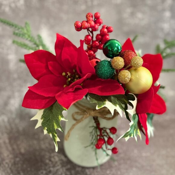 Red Poinsettia Christmas Faux Floral Arrangement in Frosted Mason Jar Decor - Picture 4 of 10